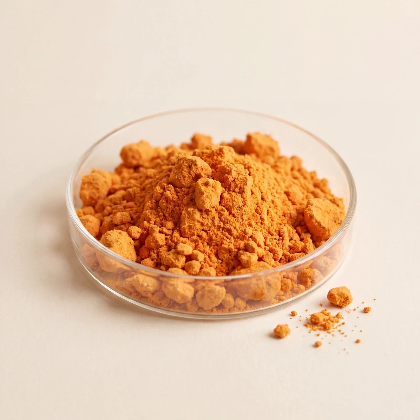 Vivid orange idebenone powder in a glass dish on a cream ground.