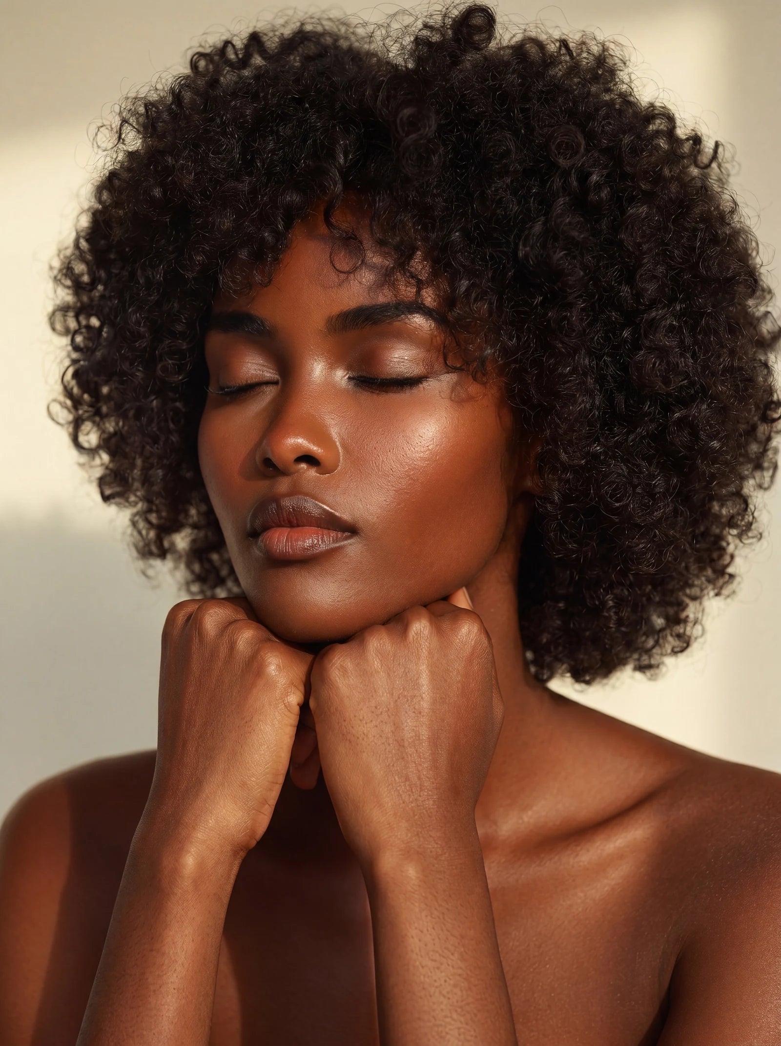 A quiet pause — clean, luminous skin in warm editorial light.
