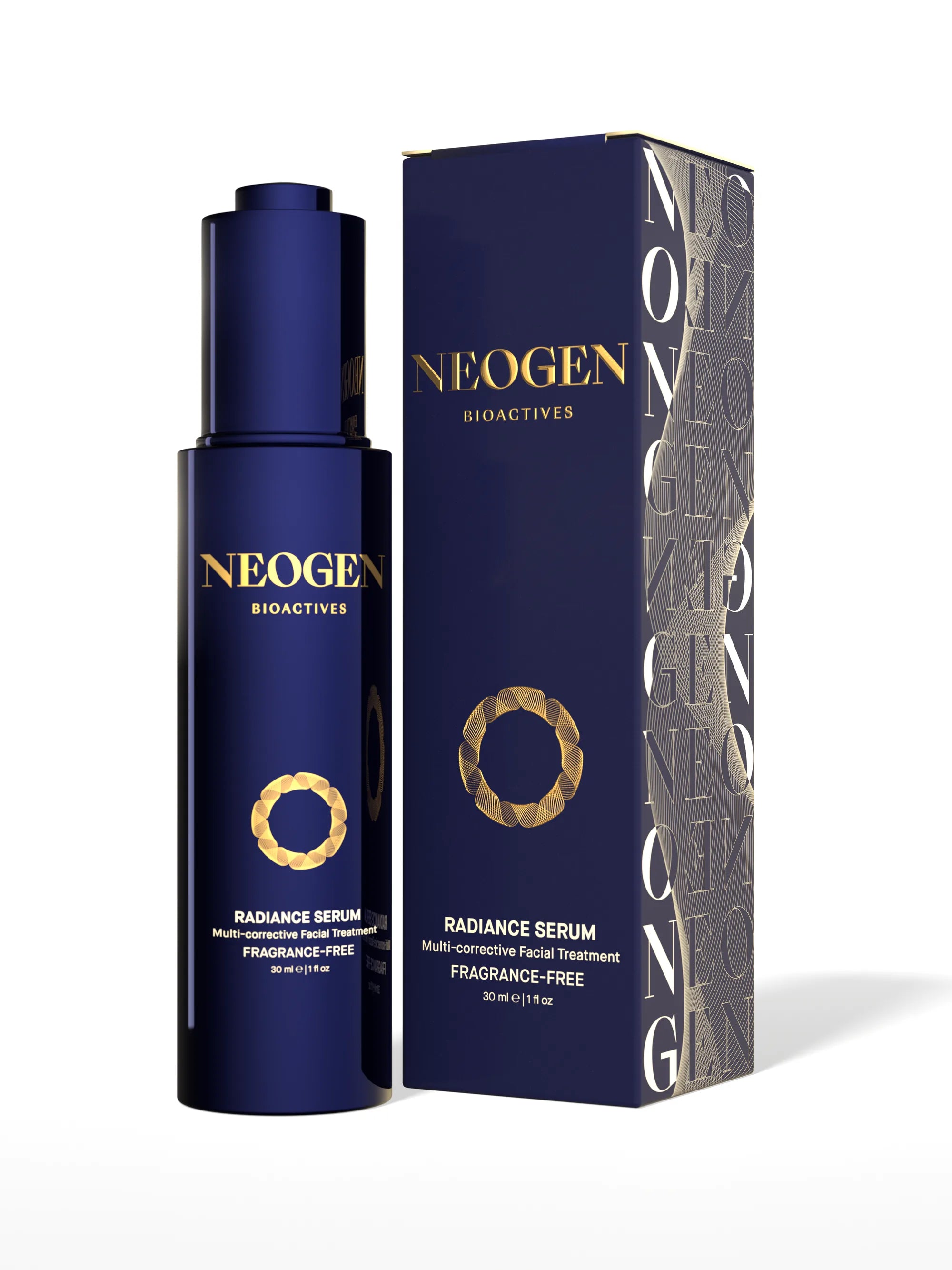 Radiance Serum — Fragrance-Free: the gold-foil bottle beside its silver-motif carton