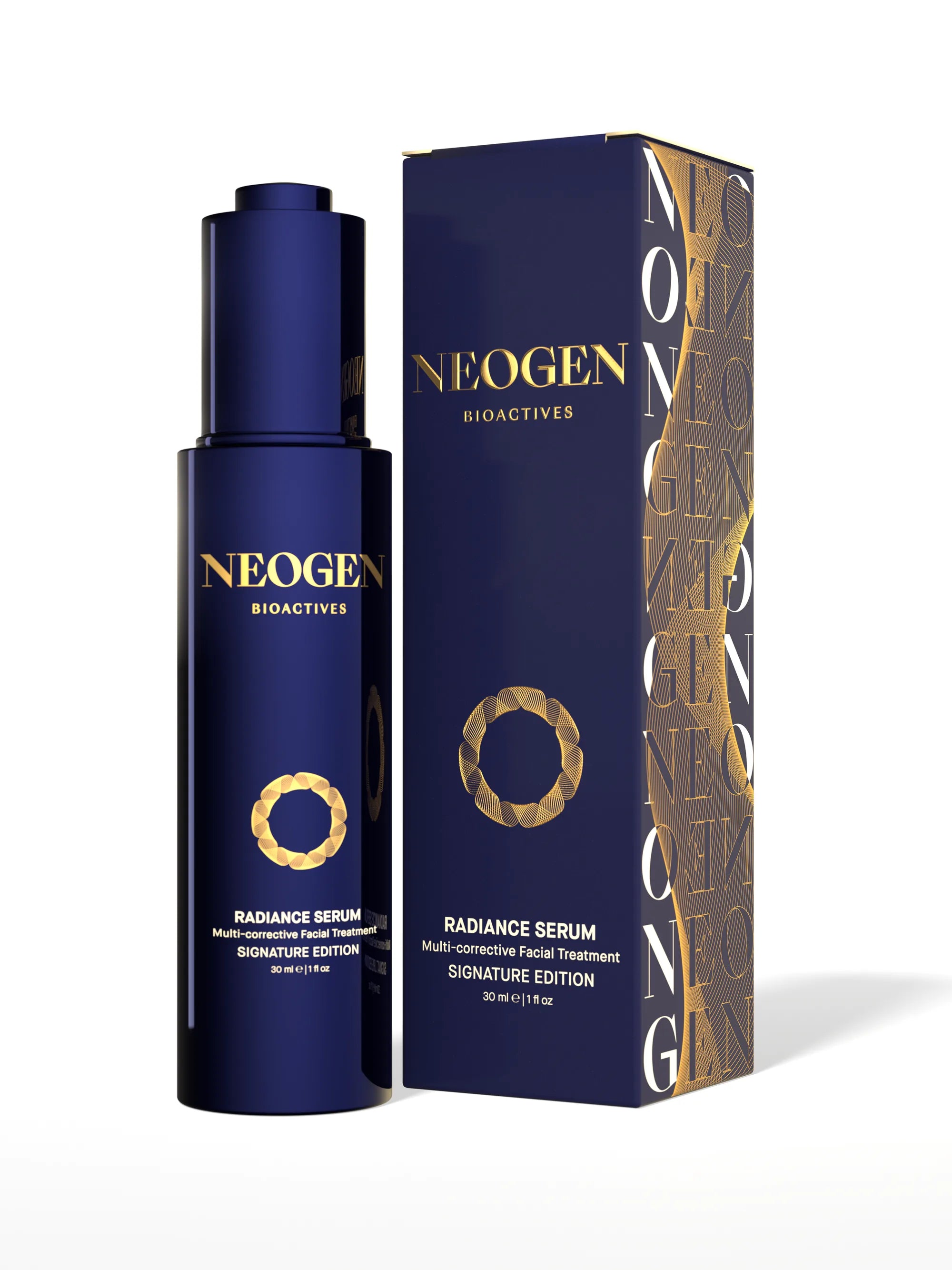Radiance Serum — Signature: the gold-foil bottle beside its gold-motif carton