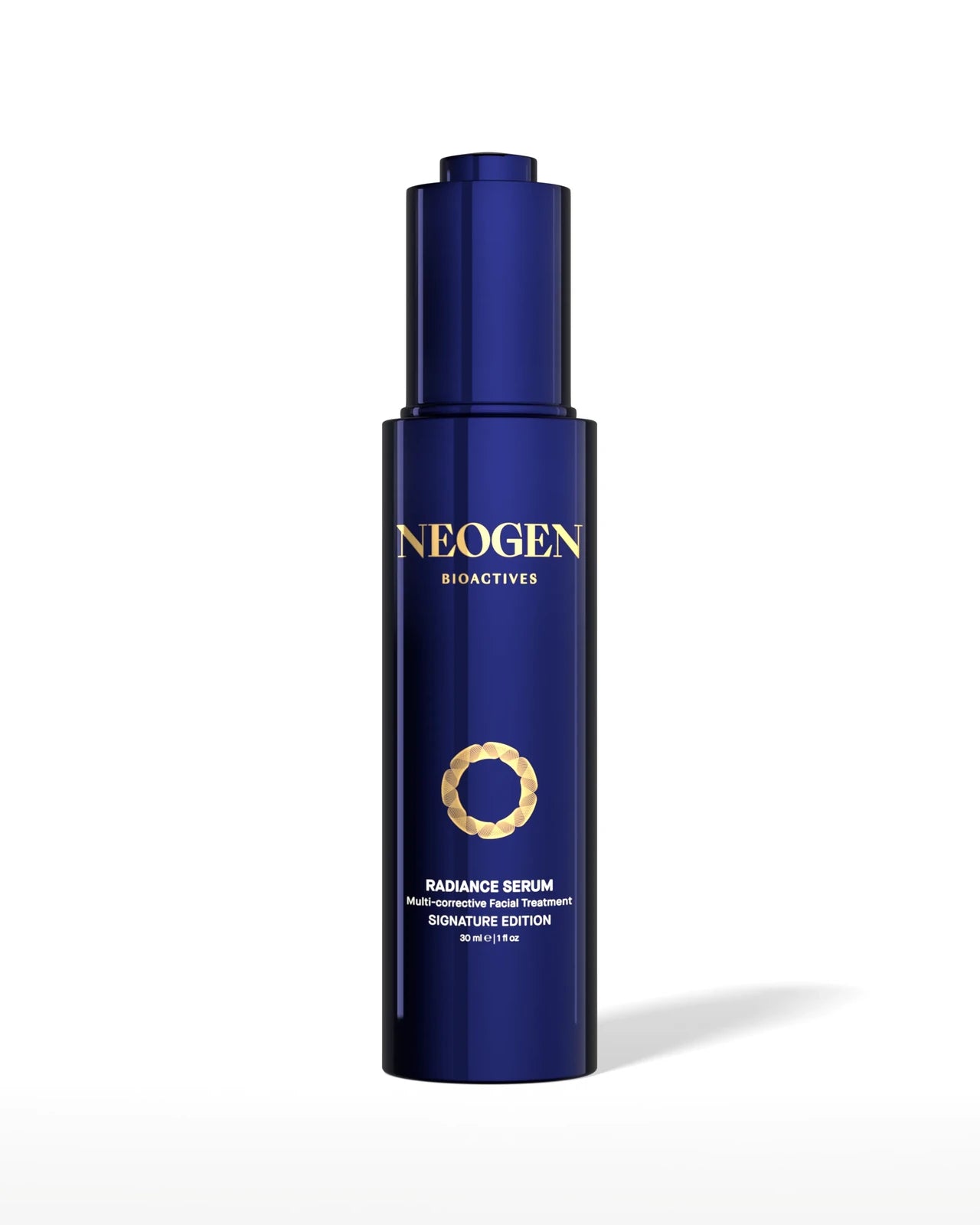 Radiance Serum Signature bottle, upright on a pale ground — the disclosed clinical active complex.